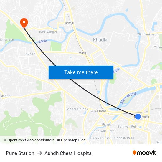 Pune Station to Aundh Chest Hospital map