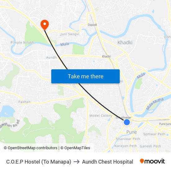 C.O.E.P Hostel (To Manapa) to Aundh Chest Hospital map