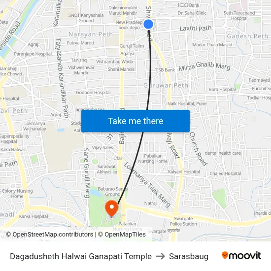 Dagadusheth Halwai Ganapati Temple to Sarasbaug map