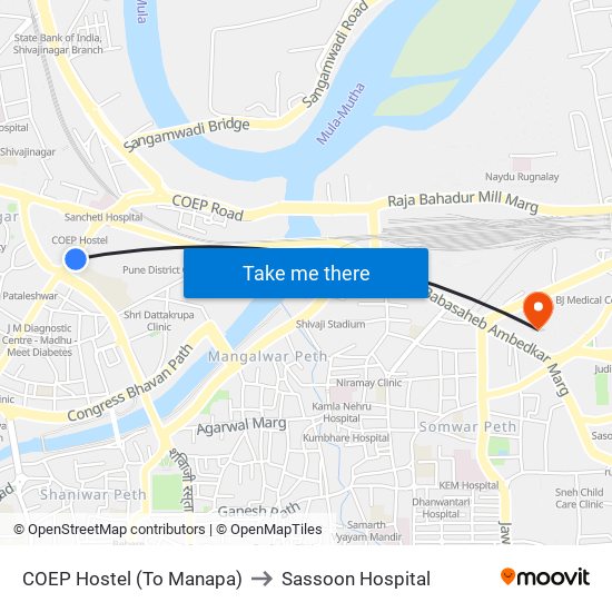 COEP Hostel (To Manapa) to Sassoon Hospital map