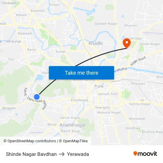 Shinde Nagar Bavdhan to Yerawada map
