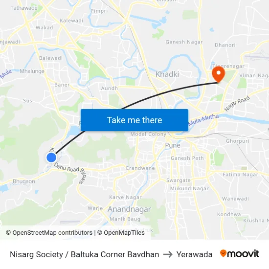 Nisarg Society Bavdhan to Yerawada map