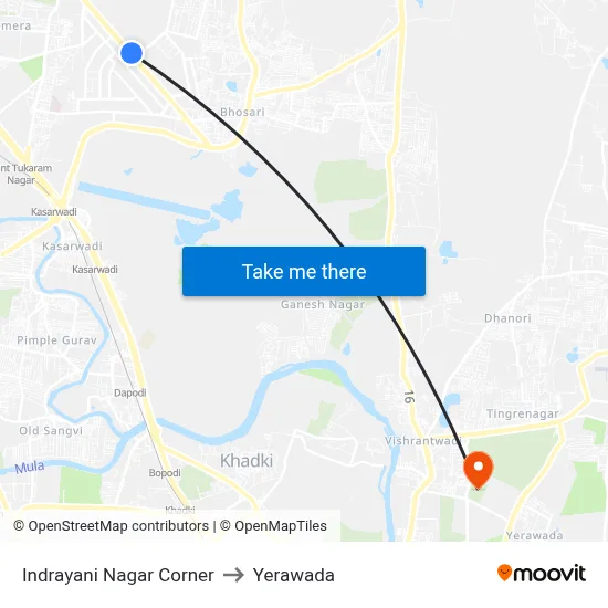 Indrayani Nagar Corner to Yerawada map
