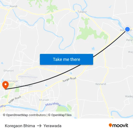 Koregaon Bhima to Yerawada map