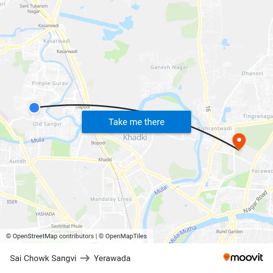 Sai Chowk Sangvi to Yerawada map