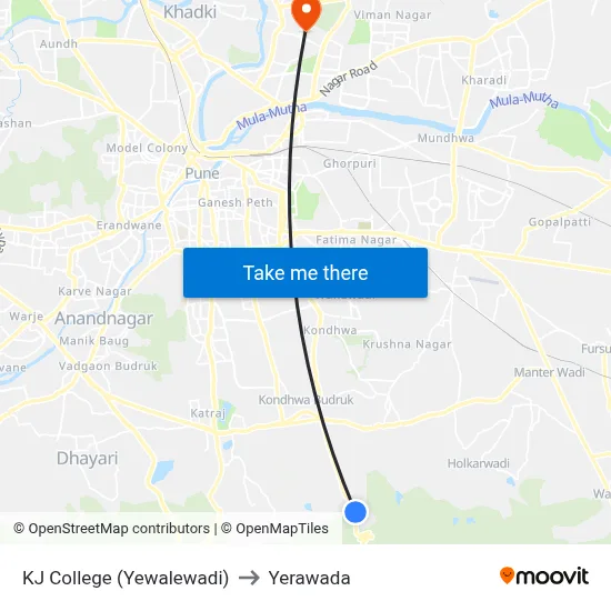 KJ College (Yewalewadi) to Yerawada map