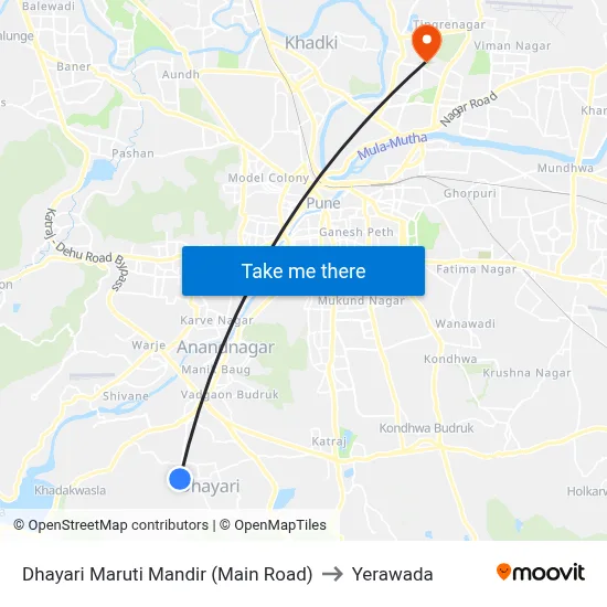 Dhayari Maruti Mandir (Main Road) to Yerawada map
