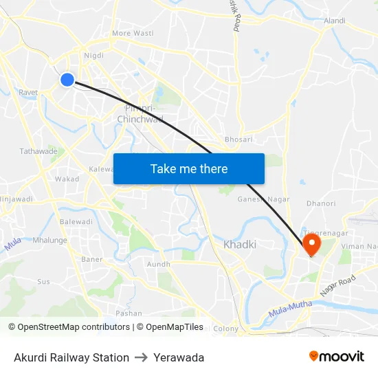 Akurdi Railway Station to Yerawada map