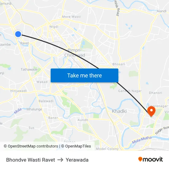 Bhondve Wasti Ravet to Yerawada map