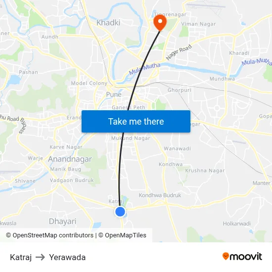 Katraj to Yerawada map