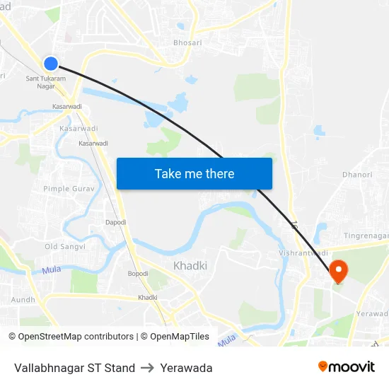 Vallabhnagar ST Stand to Yerawada map