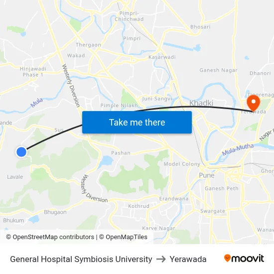 General Hospital Symbiosis University to Yerawada map