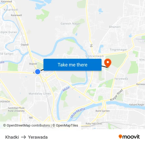 Khadki to Yerawada map