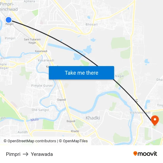 Pimpri to Yerawada map