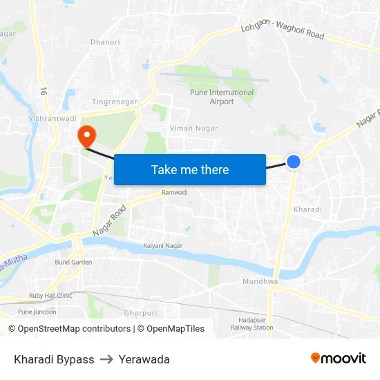 Kharadi Bypass to Yerawada map