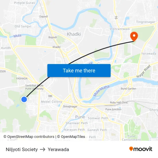 Niljyoti to Yerawada map