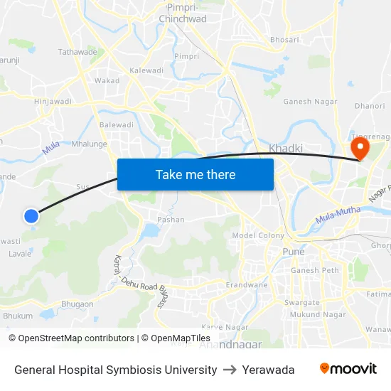 General Hospital Symbiosis University to Yerawada map