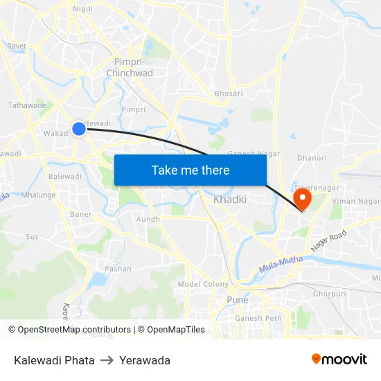 Kalewadi Phata to Yerawada map