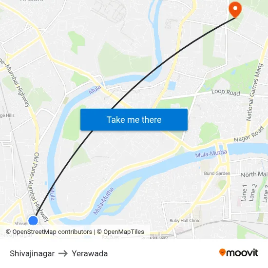 Shivajinagar to Yerawada map