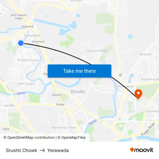 Srushti Chowk to Yerawada map
