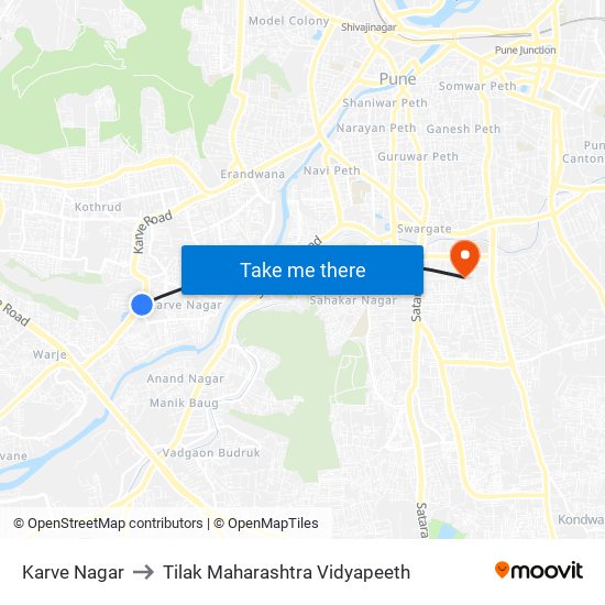 Karve Nagar to Tilak Maharashtra Vidyapeeth map