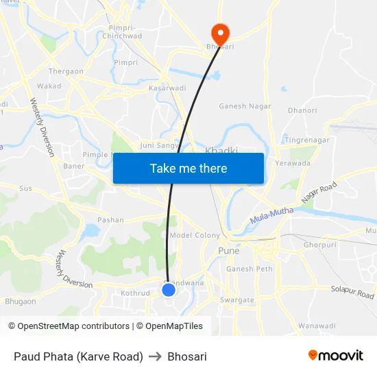Paud Phata (Karve Road) to Bhosari map