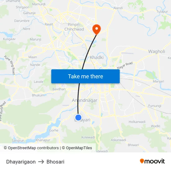 Dhayarigaon to Bhosari map