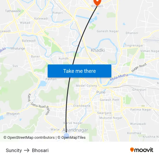 Suncity to Bhosari map