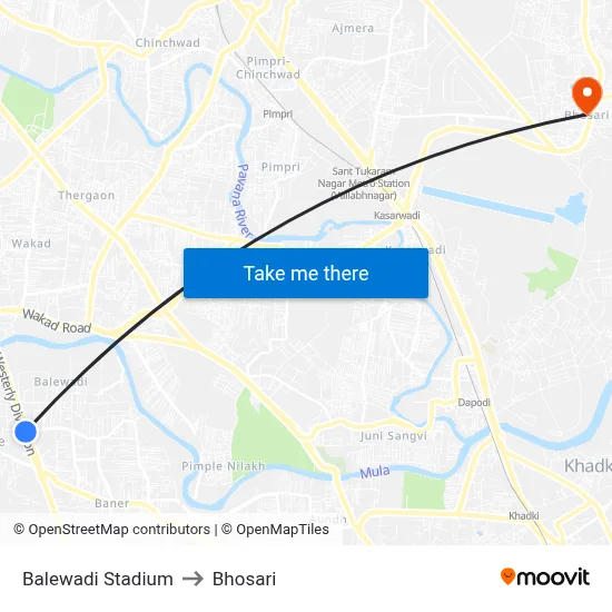 Balewadi Stadium to Bhosari map