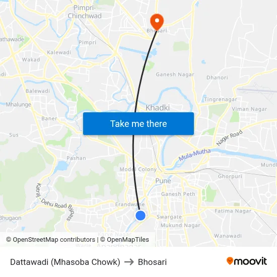 Dattawadi Mhasoba Chowk to Bhosari map