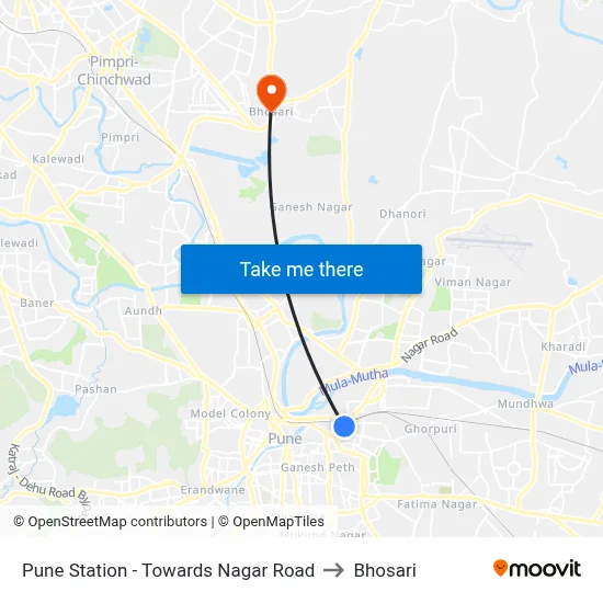 Pune Station - Towards Nagar Road to Bhosari map