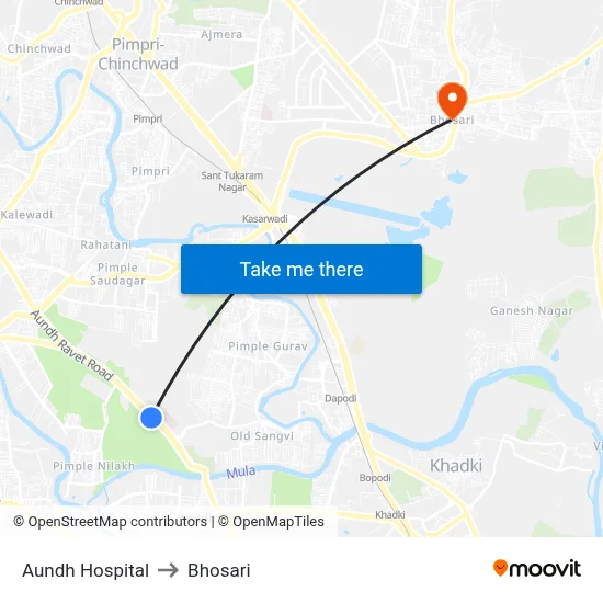 Aundh Hospital to Bhosari map