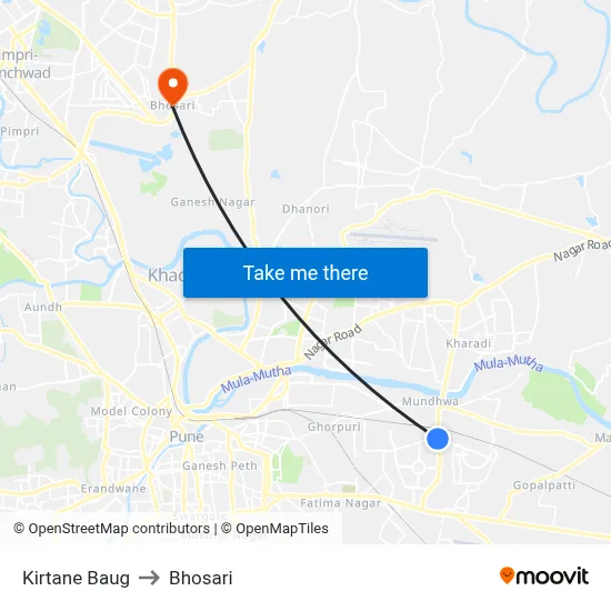 Kirtane Baug to Bhosari map