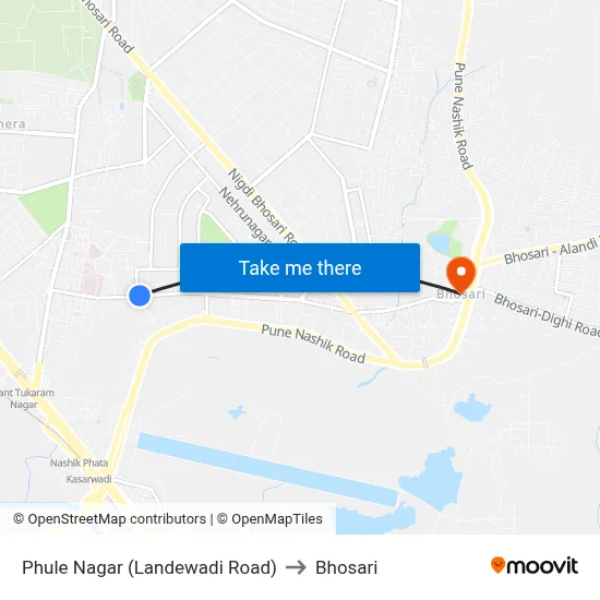Phule Nagar (Landewadi Road) to Bhosari map