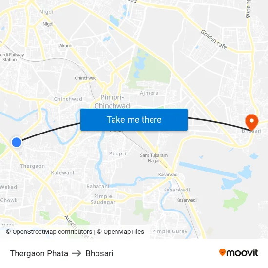 Thergaon Phata to Bhosari map