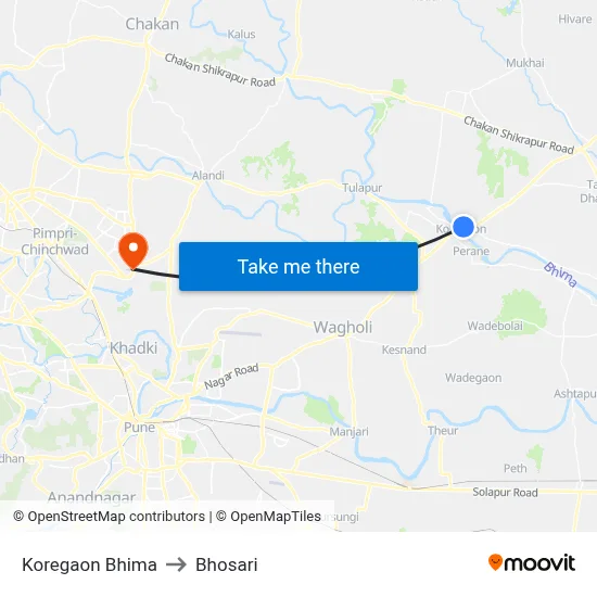 Koregaon Bhima to Bhosari map