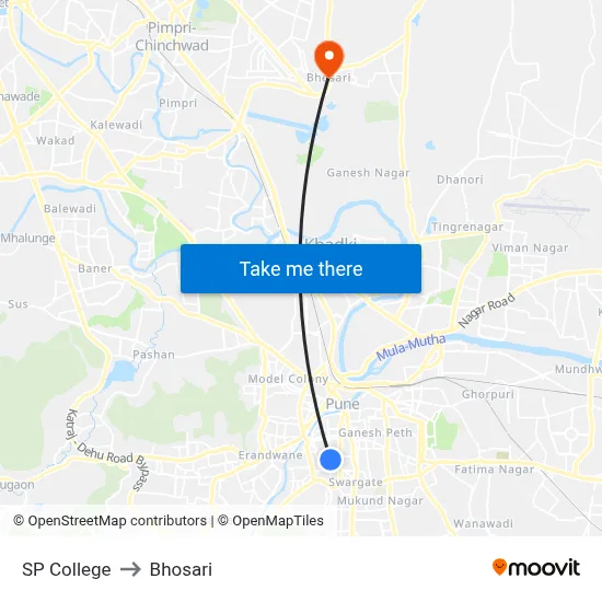 SP College to Bhosari map