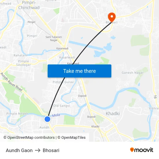Aundh Gaon to Bhosari map