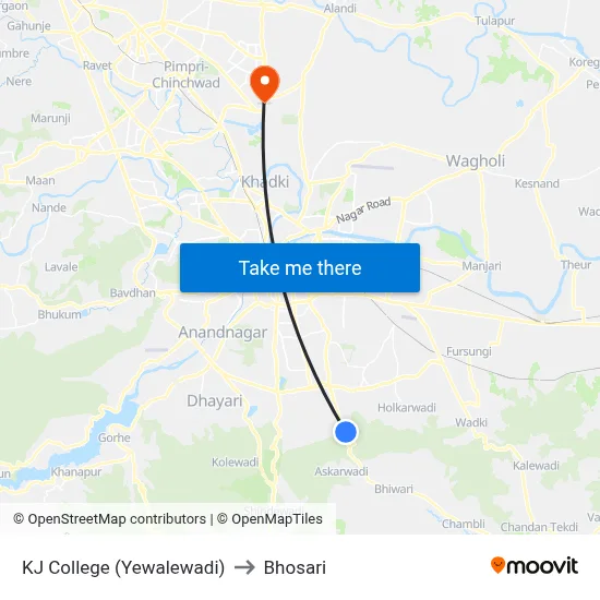 KJ College (Yewalewadi) to Bhosari map