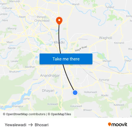 Yewalewadi to Bhosari map