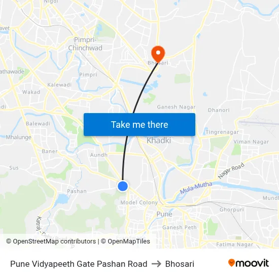 Pune Vidyapeeth Gate Pashan Road to Bhosari map