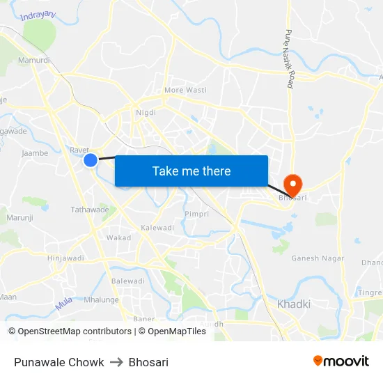 Punawale Chowk to Bhosari map