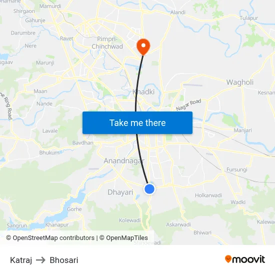 Katraj to Bhosari map