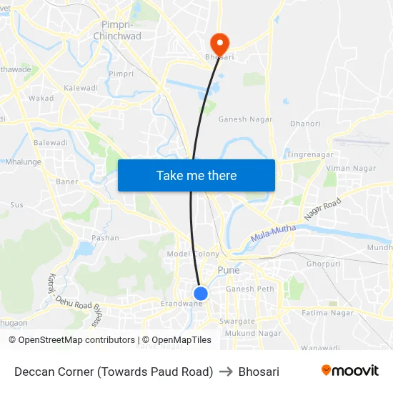 Deccan Corner (Towards Paud Road) to Bhosari map