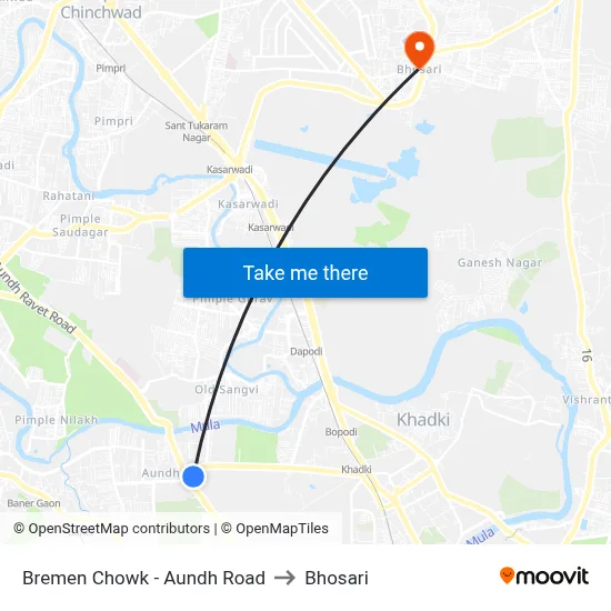 Bremen Chowk - Aundh Road to Bhosari map
