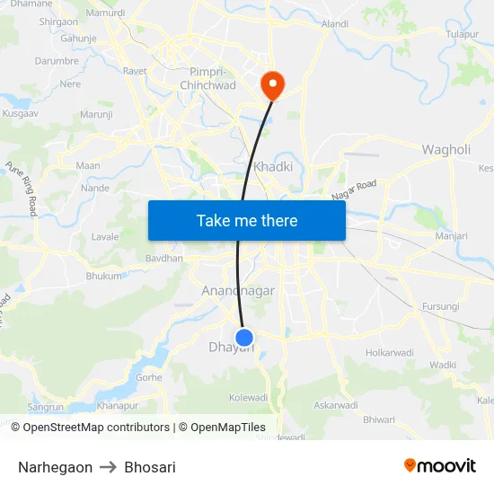 Narhegaon to Bhosari map