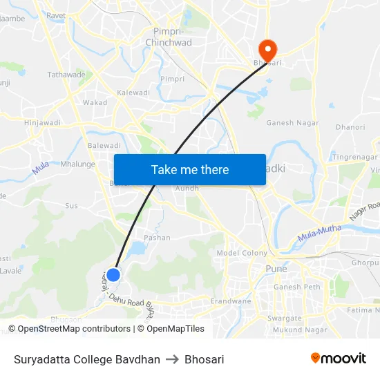 Suryadatta College Bavdhan to Bhosari map