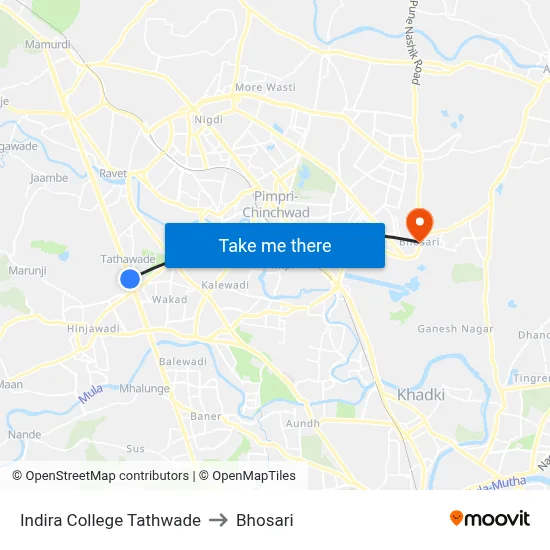 Indira College Tathwade to Bhosari map