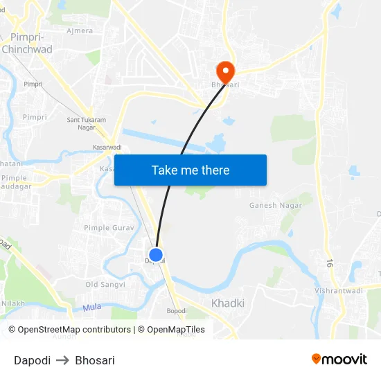 Dapodi to Bhosari map