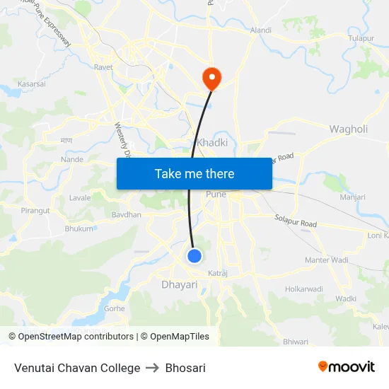 Venutai Chavan College to Bhosari map